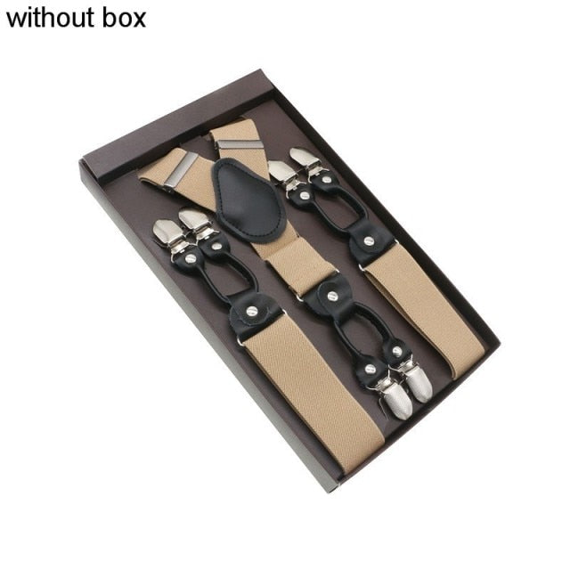 Fashion Suspenders Genuine Leather 6 Clips Brace Male