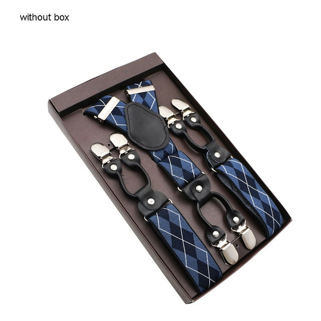 Fashion Suspenders Genuine Leather 6 Clips Brace Male