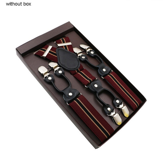 Fashion Suspenders Genuine Leather 6 Clips Brace Male