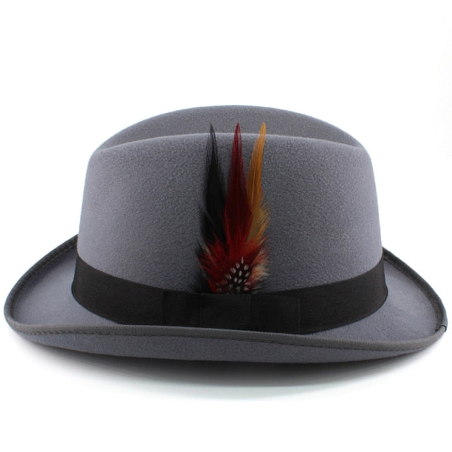 Men Wool Blend Classical Homburg Hats w/ Feather Band, Adjustable Size M-L